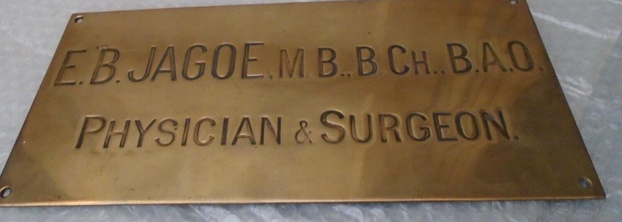 c1930 Brass Bronze Doctor JAGOE SURGEON Antique Sign Plaque  13