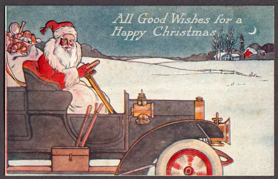 Santa Claus in Old Car with Toys~ Antique~Christmas Postcard~k698