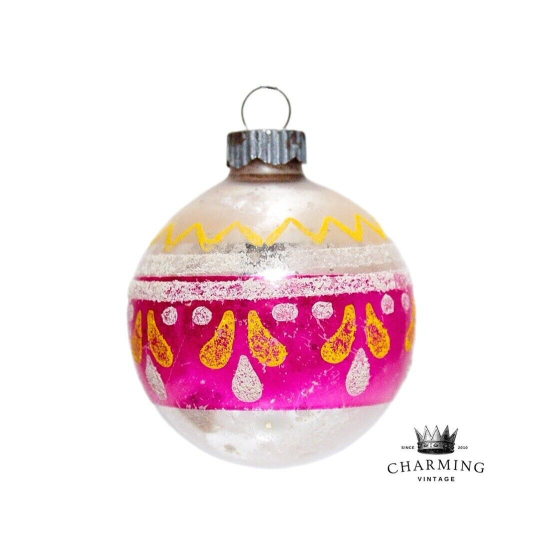 Vintage SHINY BRITE Stripe Stencil Mica Glass Pink Ball Christmas Ornament 2