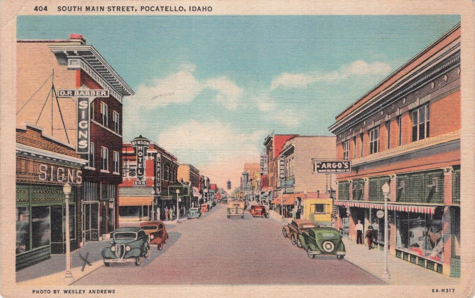 Vintage Postcard Pocotello Idaho  South Main Street Shops Cars Teich 1936 612
