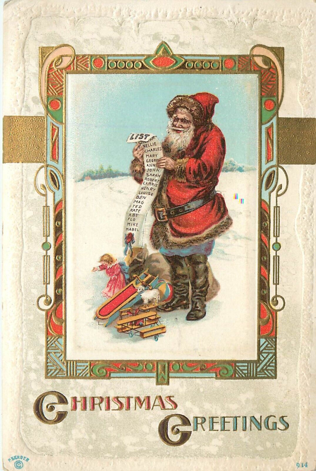 P. Sander Christmas Embossed Postcard 914 Santa Claus Reads List