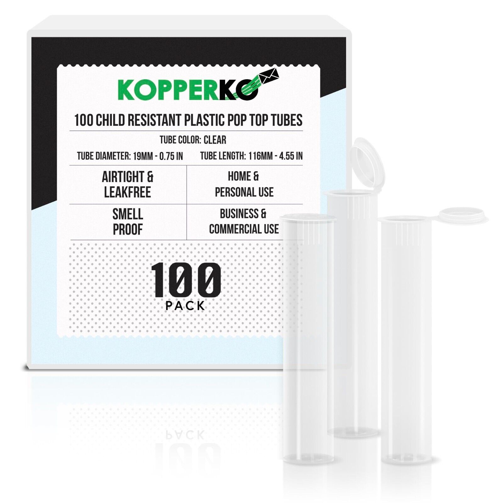Kopperko 100 Pack 116mm Plastic Pop Top Tube - Child Resistant - Clear