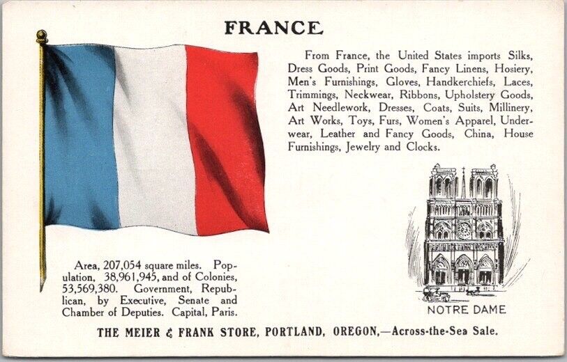 c1910s PORTLAND, Oregon Advertising Postcard MEIER & FRANK STORE w/ French Flag