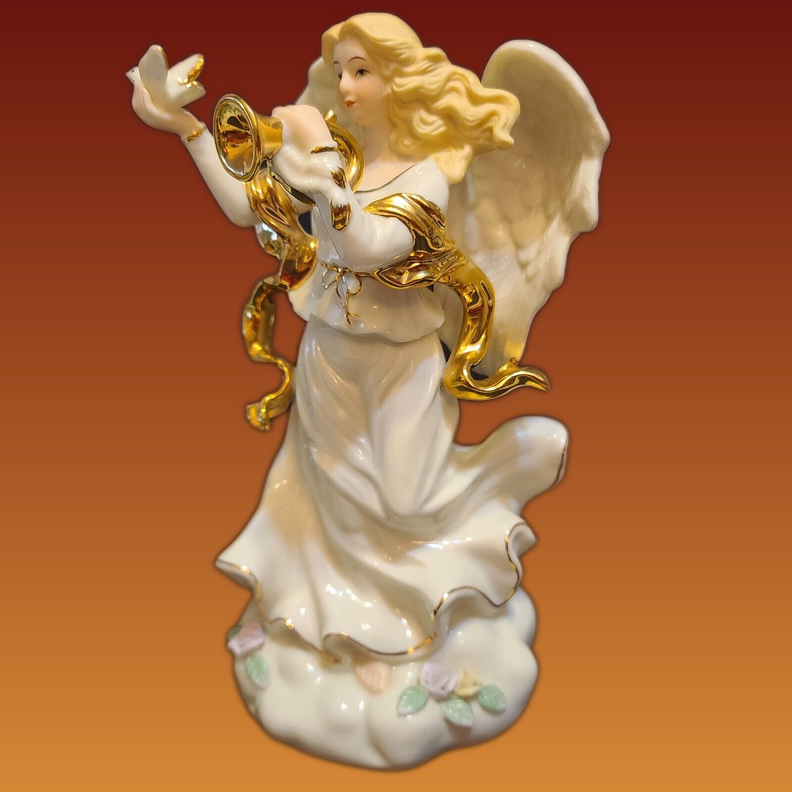 Classic Treasures Porcelain Angel w/ Horn & Dove Musical Figurine 9\