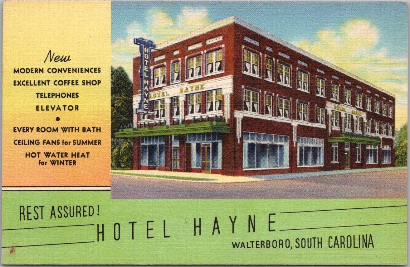 Walterboro, South Carolina Postcard HOTEL HAYNE Street View Curteich Linen c1939