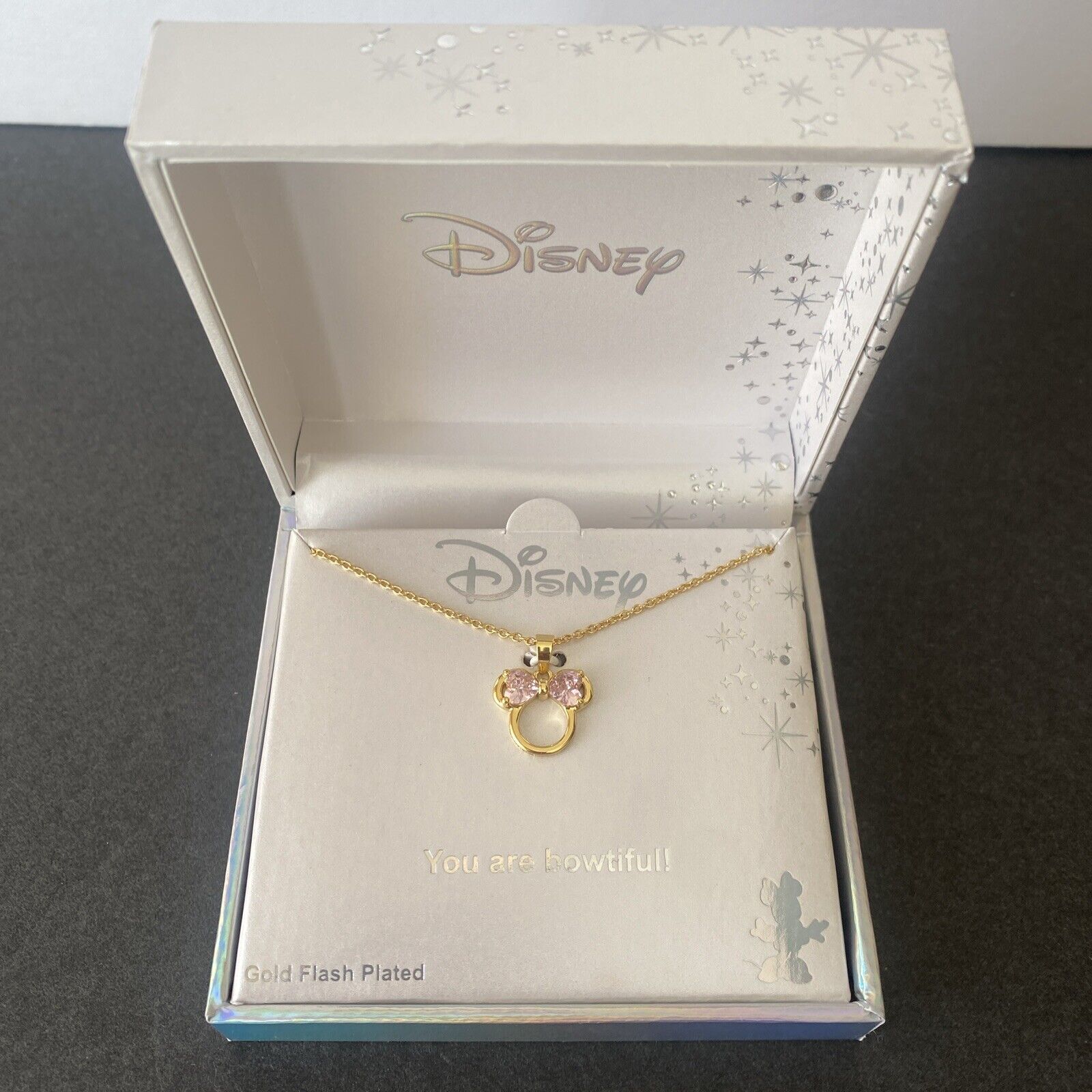 New Disney Necklace Minnie Mouse Bowtiful Gold Flash Plated Pink Stone
