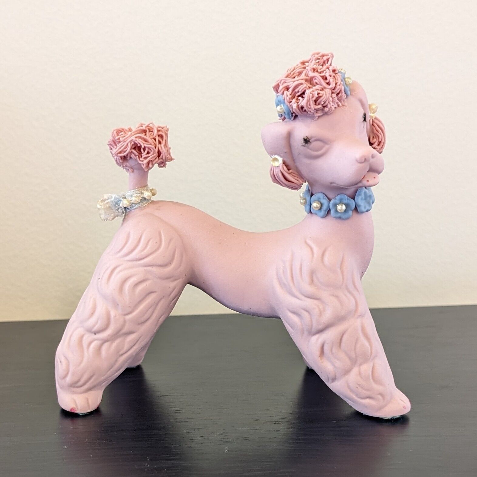 Vintage MCM Matte Pink Spaghetti Poodle Figurine Blue Flowers Collar with Pearls