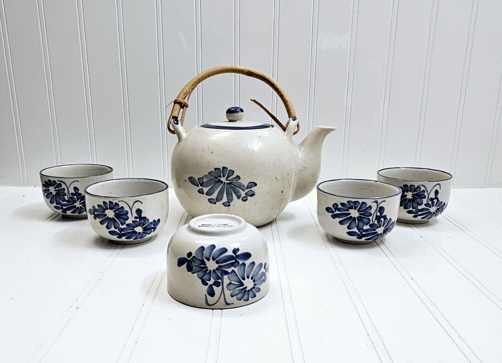 Vintage Chi Kiang Tea Pot Set Of 5 Tea Cups Blue And White 