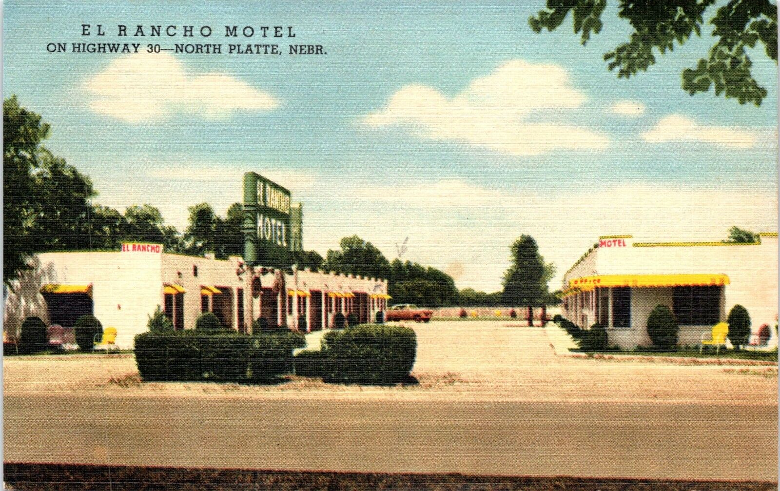 North Platte, Nebraska El Rancho Motel Postcard Motel Sign & Vintage Car