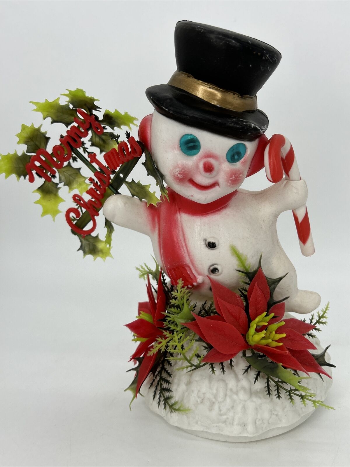 Christmas Snowman Tabletop Plastic Blow Mold Holographic Eyes Candy Cane 10\