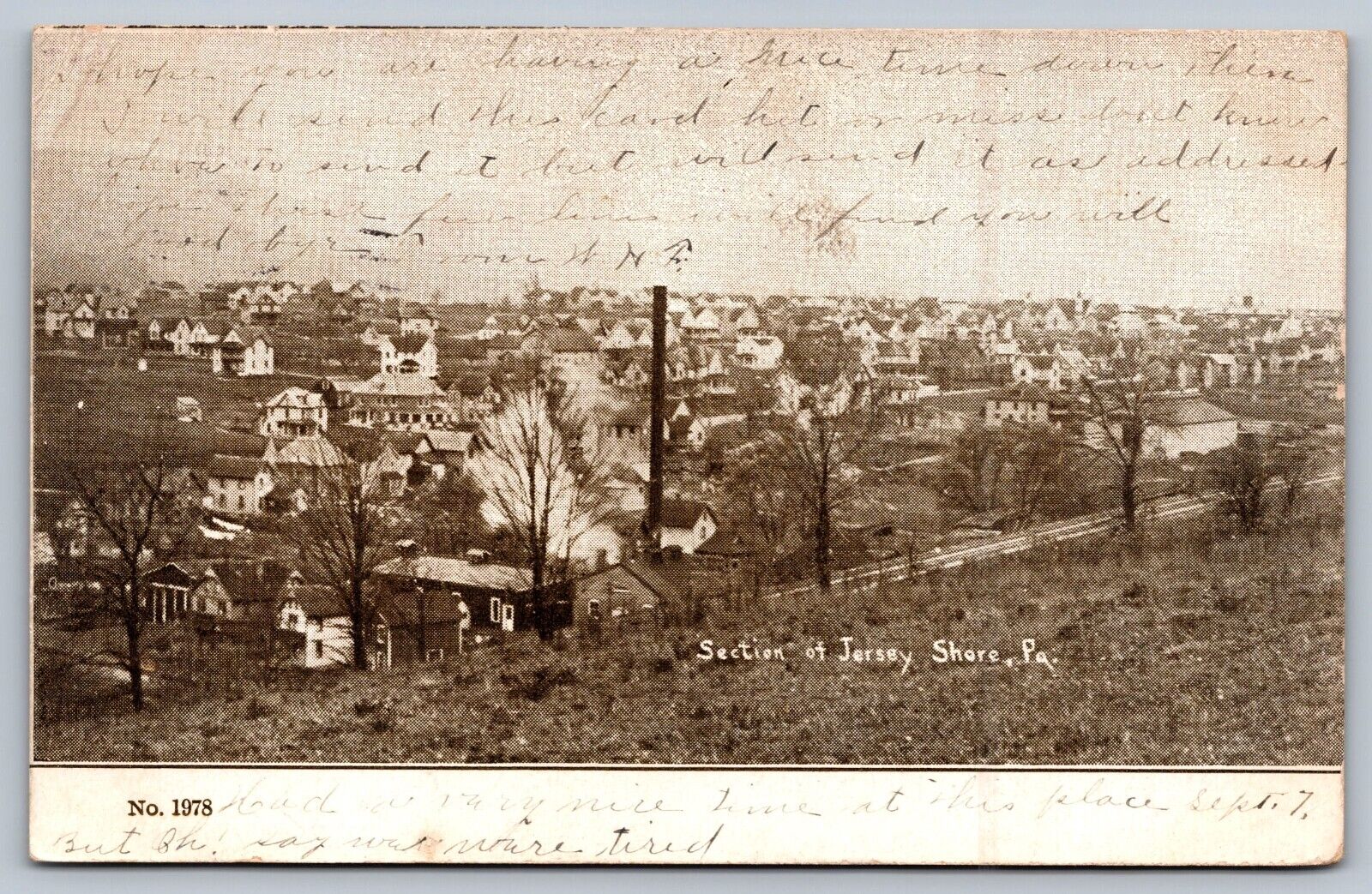 1908 postcard JERSEY SHORE PENN view section town CALLED OUT stamped on back