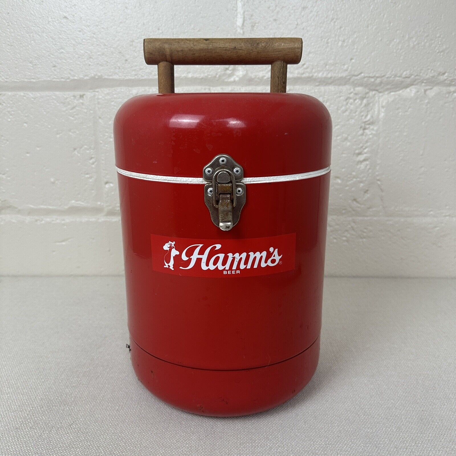 Vintage Hamm's Beer Cooler, Red Cylinder w/ Wood Handle