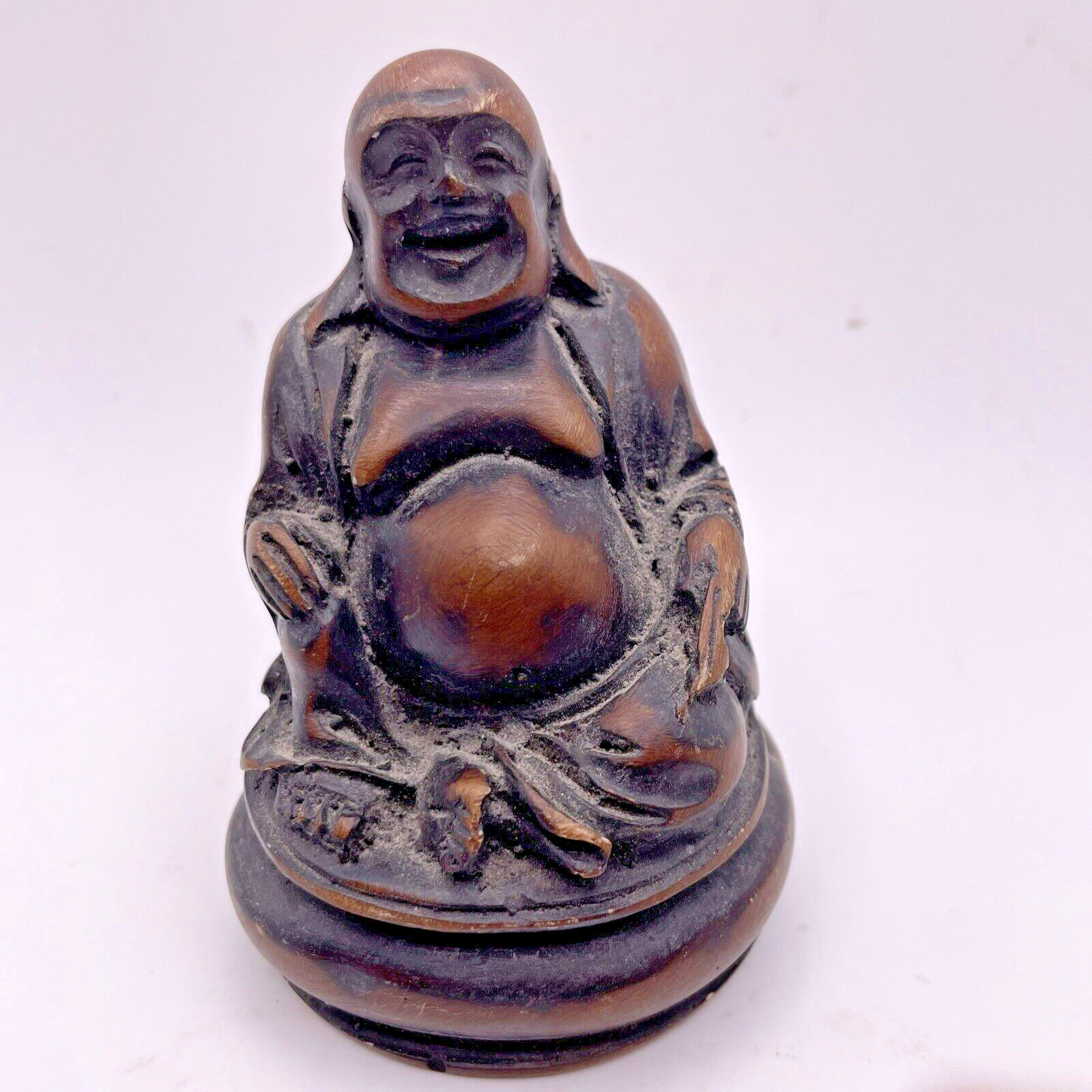 Happy Laughing Buddha Statue Figurine 3” Carved Wood Resin or Stone Miniature