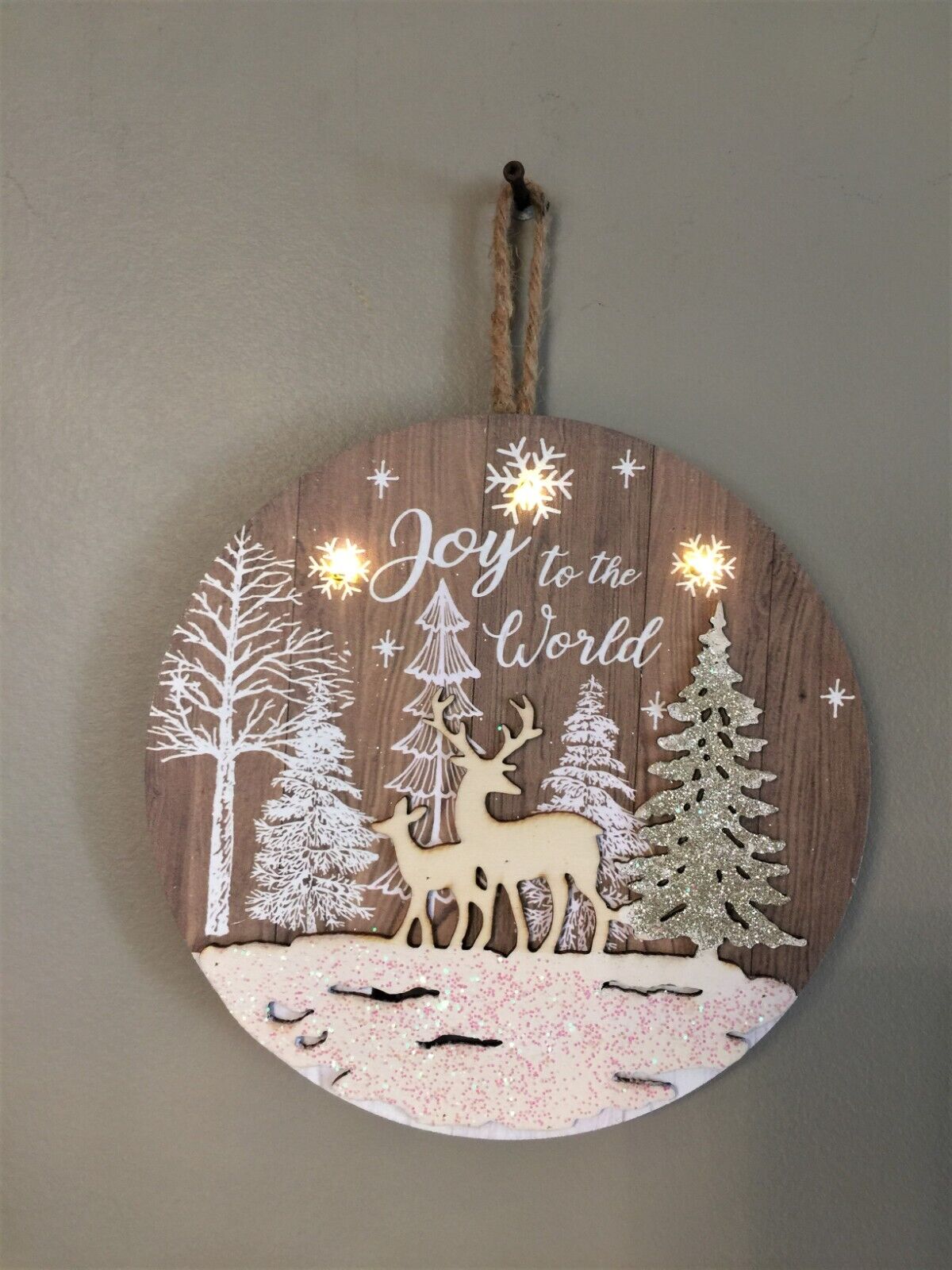 Christmas Wood LED Decoration, Winter Scene With Deer, 8 inches, Christmas Decor