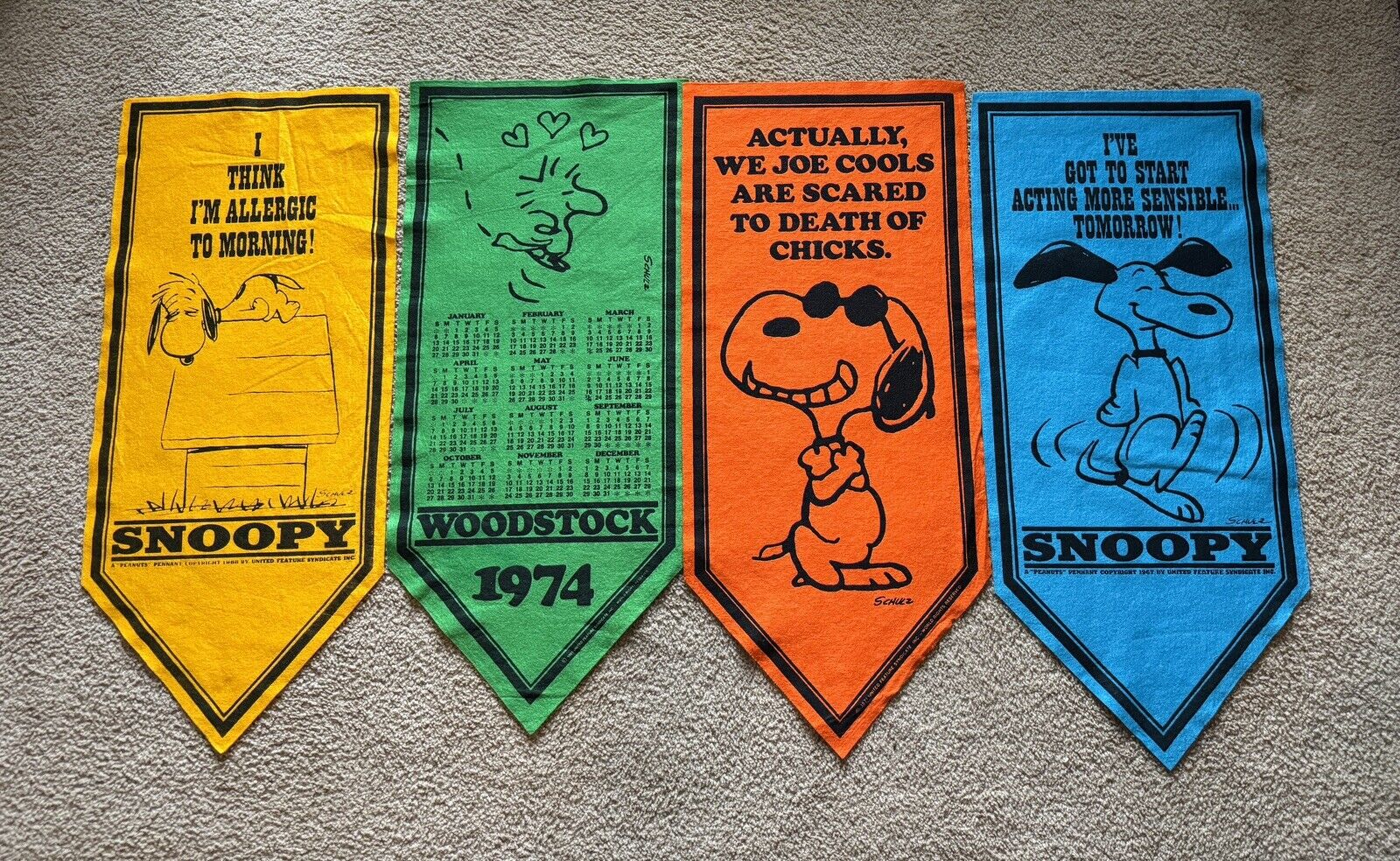 4 Vintage Peanuts 1960-70’s Charlie Brown Snoopy Pennants Banners Collection