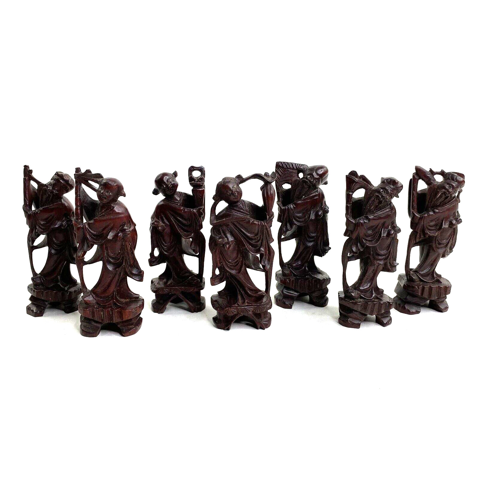 Vintage Carved Wooden Asian Figurines Lot of 7 Detailed 4