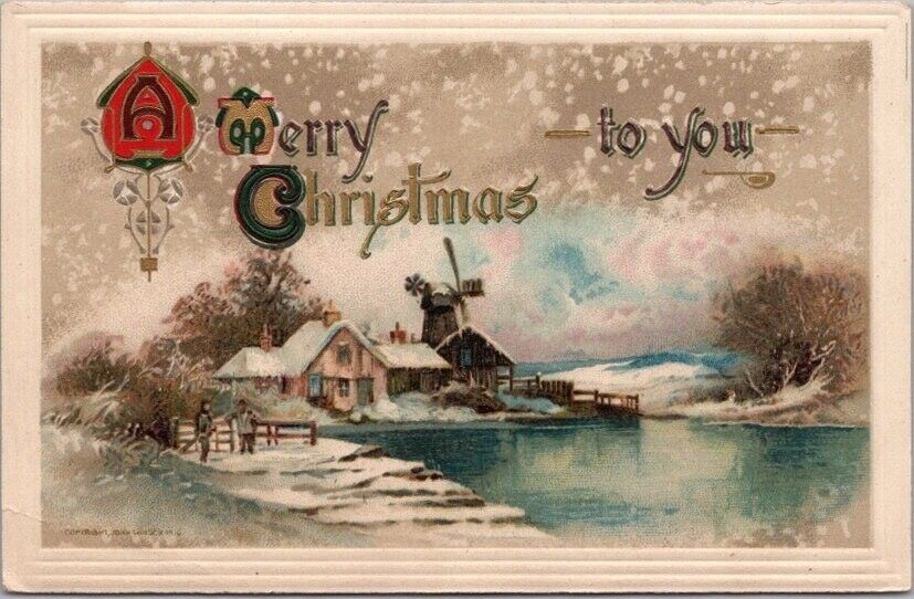 c1910s WINSCH MERRY CHRISTMAS Embossed Postcard Winter Scene / Windmill & House