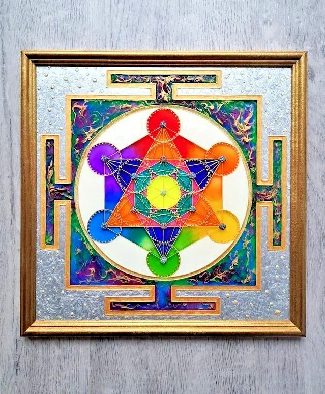 Metatrons Cube yantra Handpainted Sacred geometry Geometric original painting