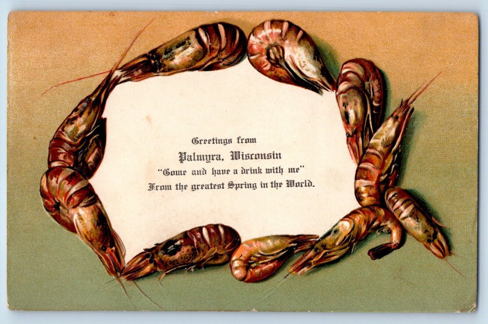 Palmyra Wisconsin Postcard Greetings Shrimp Greatest Spring World Embossed c1910