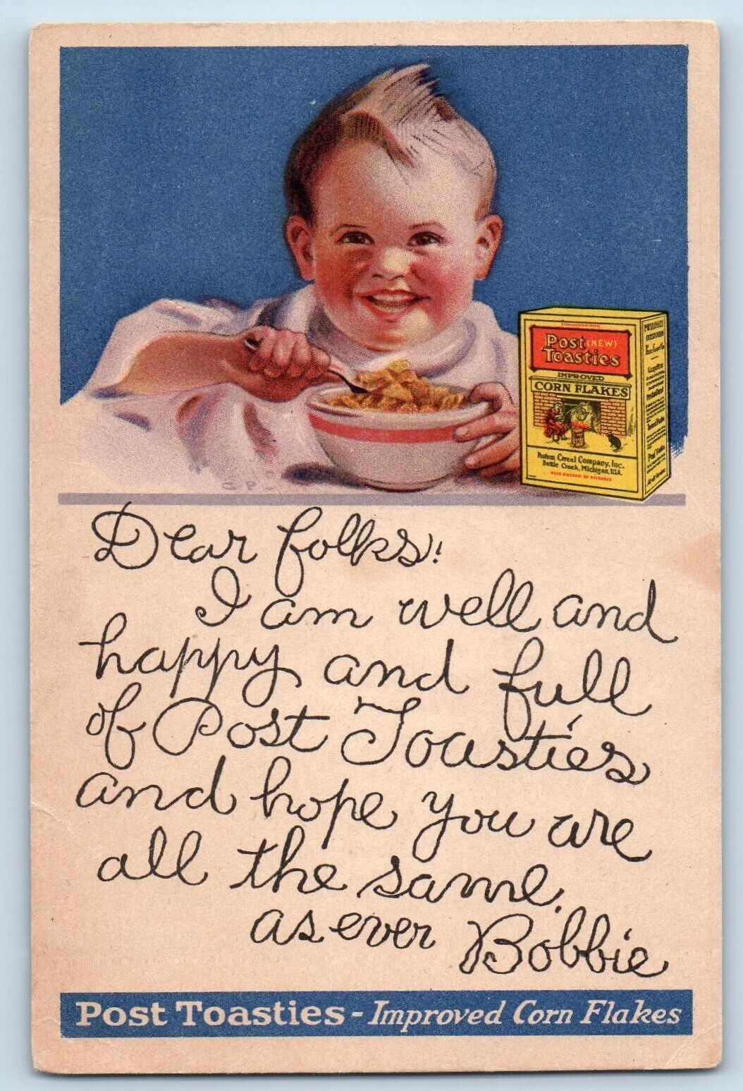 Post Toasties Postcard Corn Flakes Eating Baby 1923 Postum Cereal Co. Inc c1910s