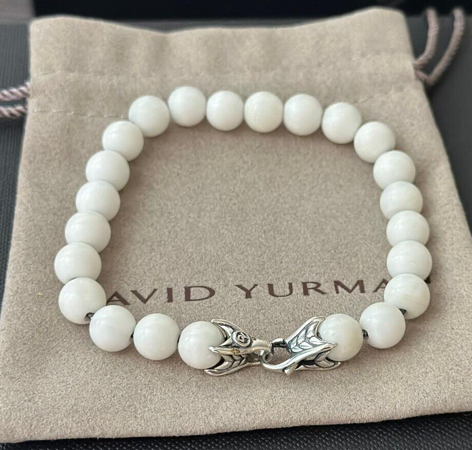 DAVID YURMAN Men's  Sterling Silver 8mm White Agate Spiritual Beads Bracelet 8