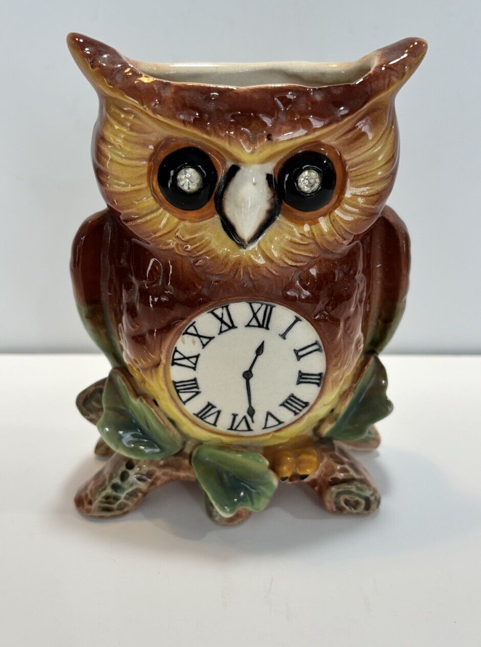 Vintage Napco Owl Clock Wall Pocket Rhinestone Eyes Ceramic Brown Tabletop 6.5