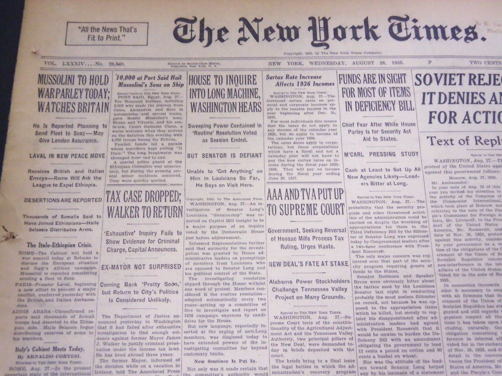 1935 AUGUST 28 NEW YORK TIMES - MUSSOLINI TO HOLD WAR PARLEY TODAY - NT 4910