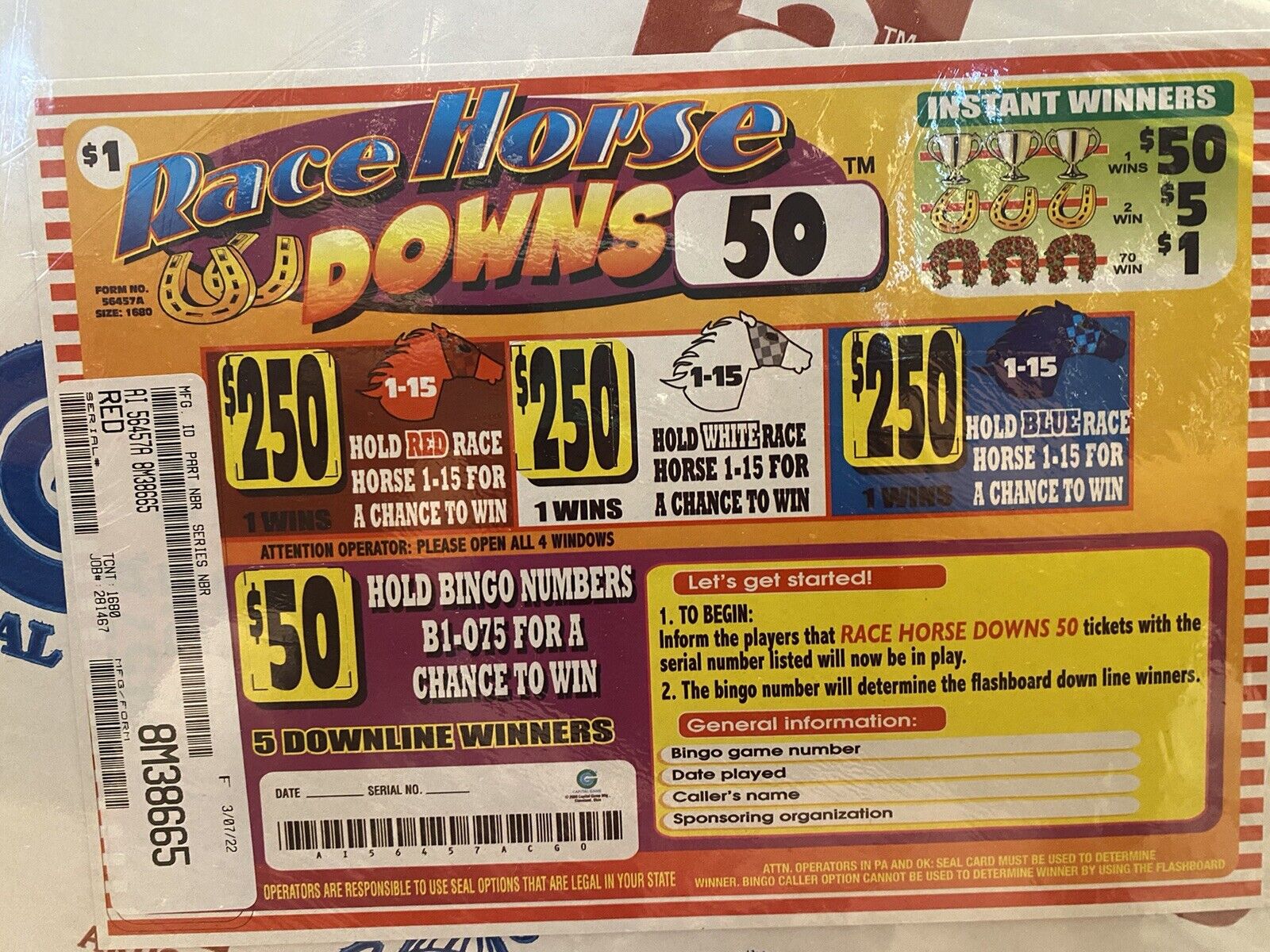 Pull Tickets RACE HORSE DOWNS SEAL/ HOLDER TABS