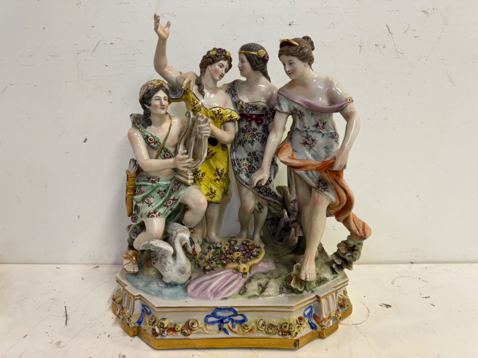 Antique Naples Porcelain Figural Group of the Three Graces and Apollo