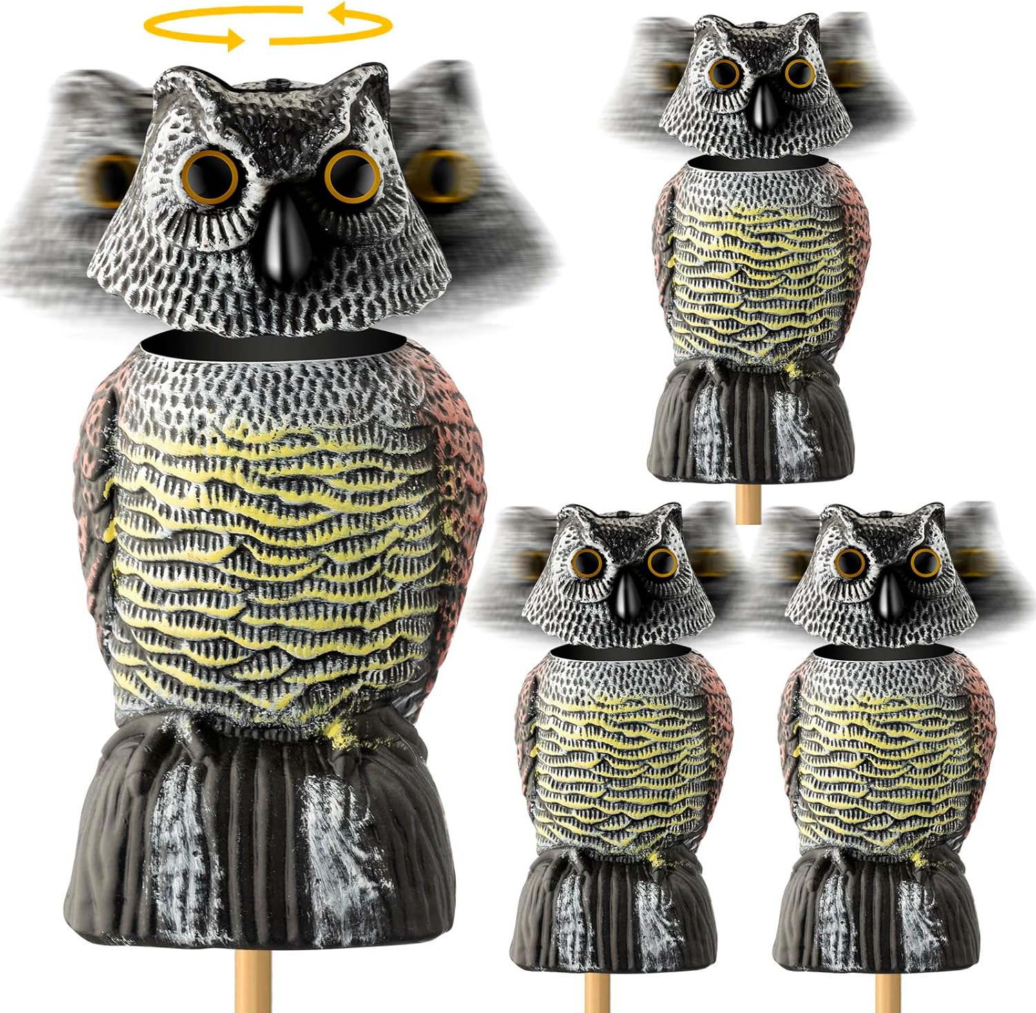 4 Pcs Fake Owl Decoys Rotating Head Small Plastic Fake Owl Pigeon for Garden Yar