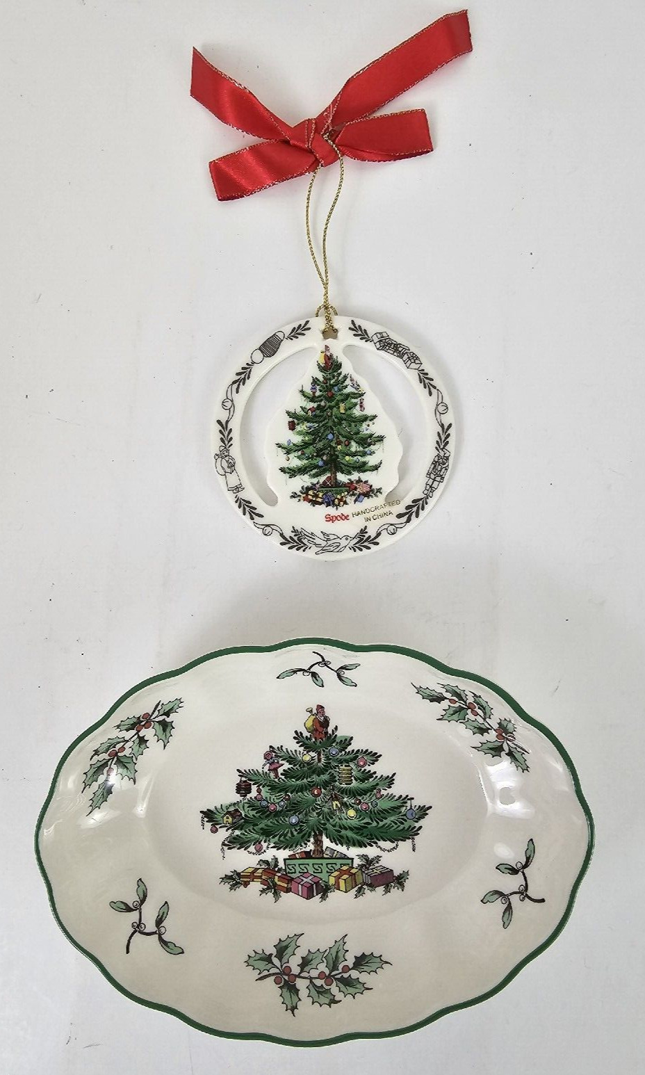 ❤️ 2 Vintage Spode Christmas Tree Items - 1 Ceramic Ornament - 1 Trinket Dish