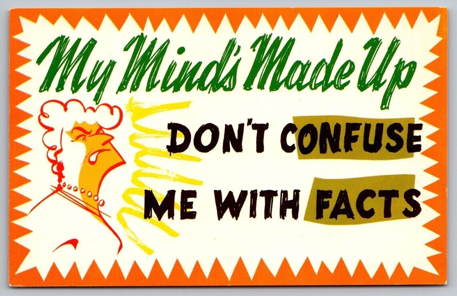 Comic Dont Confuse Me With Facts Minds Made Up Postcard UNP VTG Scenic Art