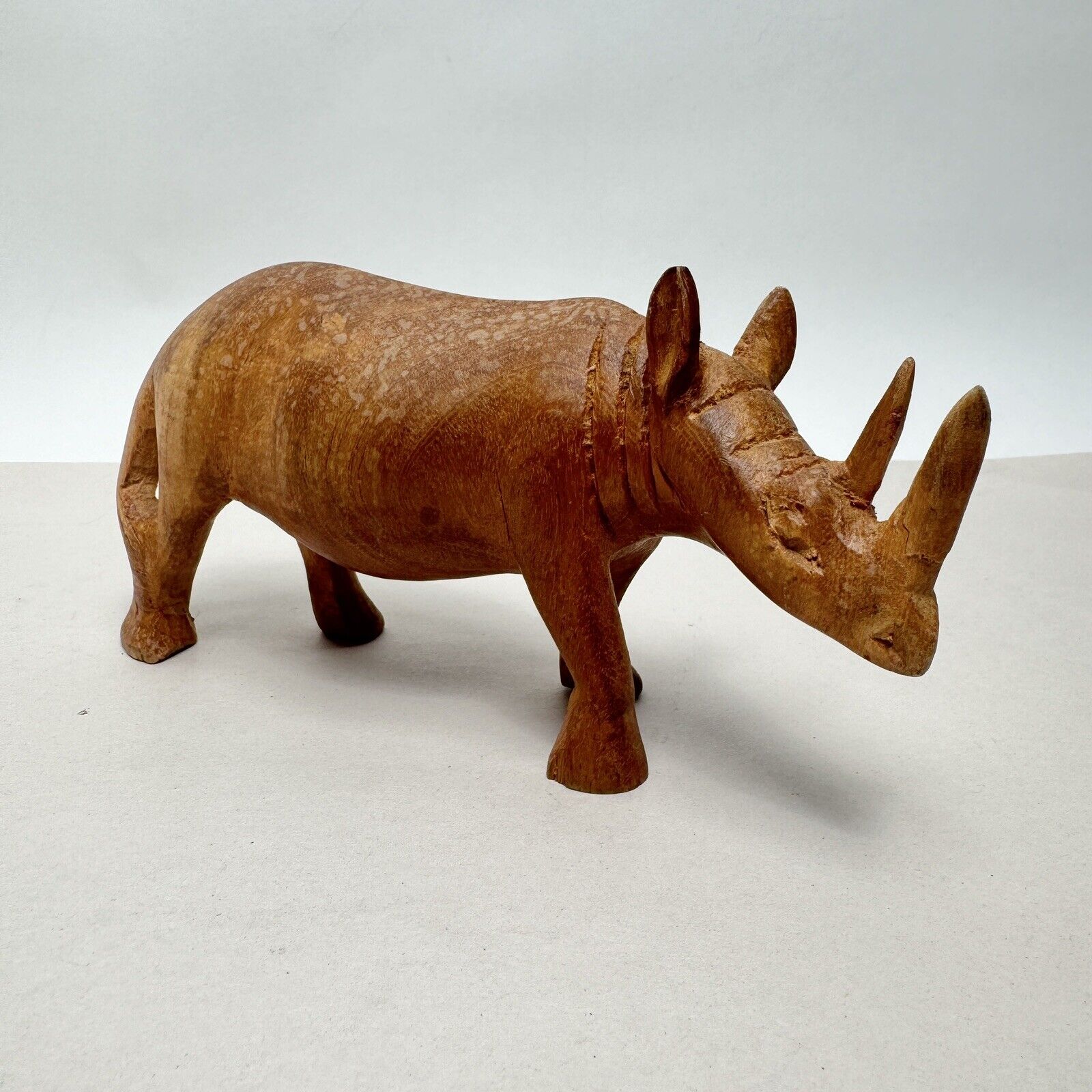 7” Hand carved Wooden Rhinoceros Figurine Vintage