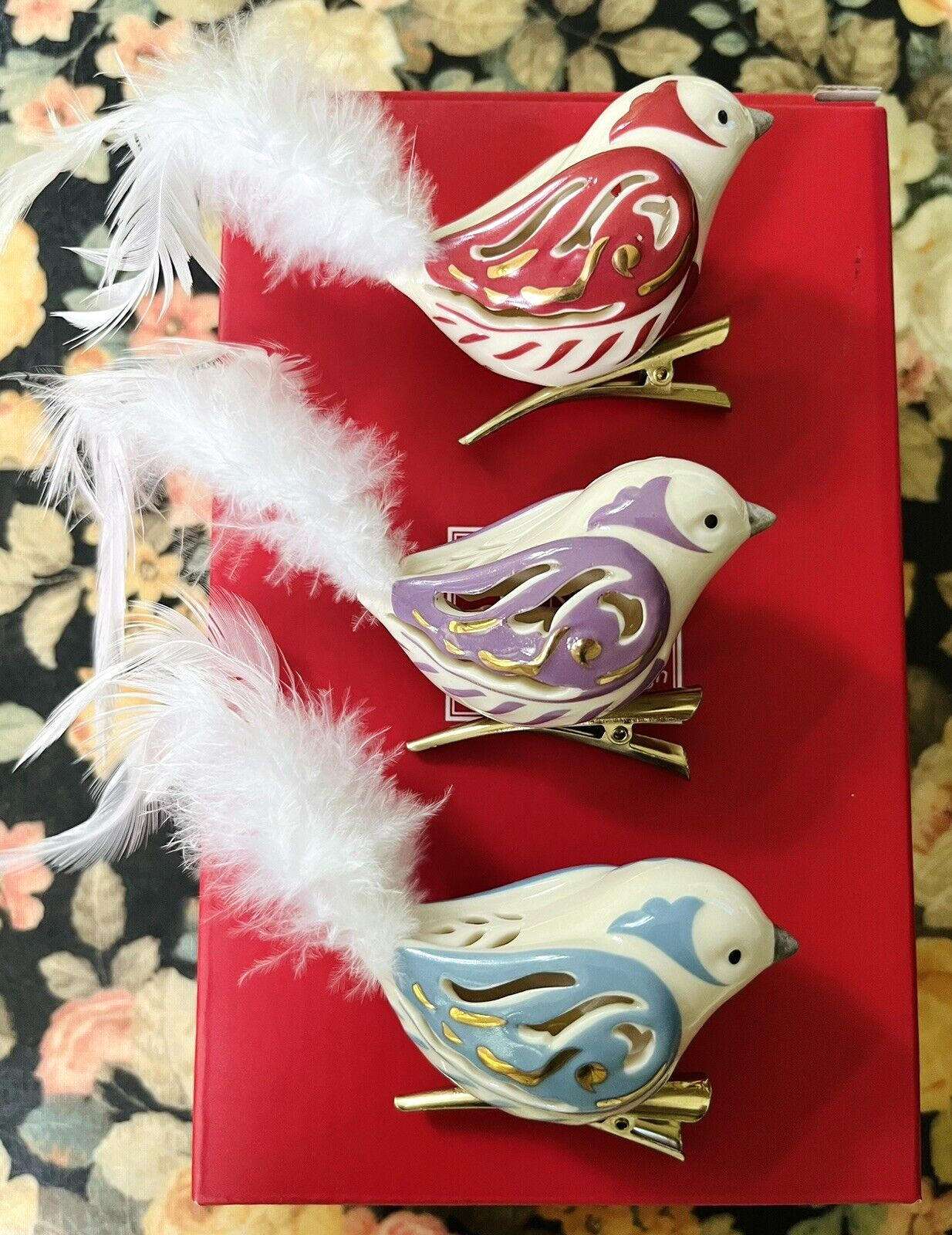 RARE Lenox Holiday Bird Ornaments 3 Piece Set Pierced Porcelain Gold Accents