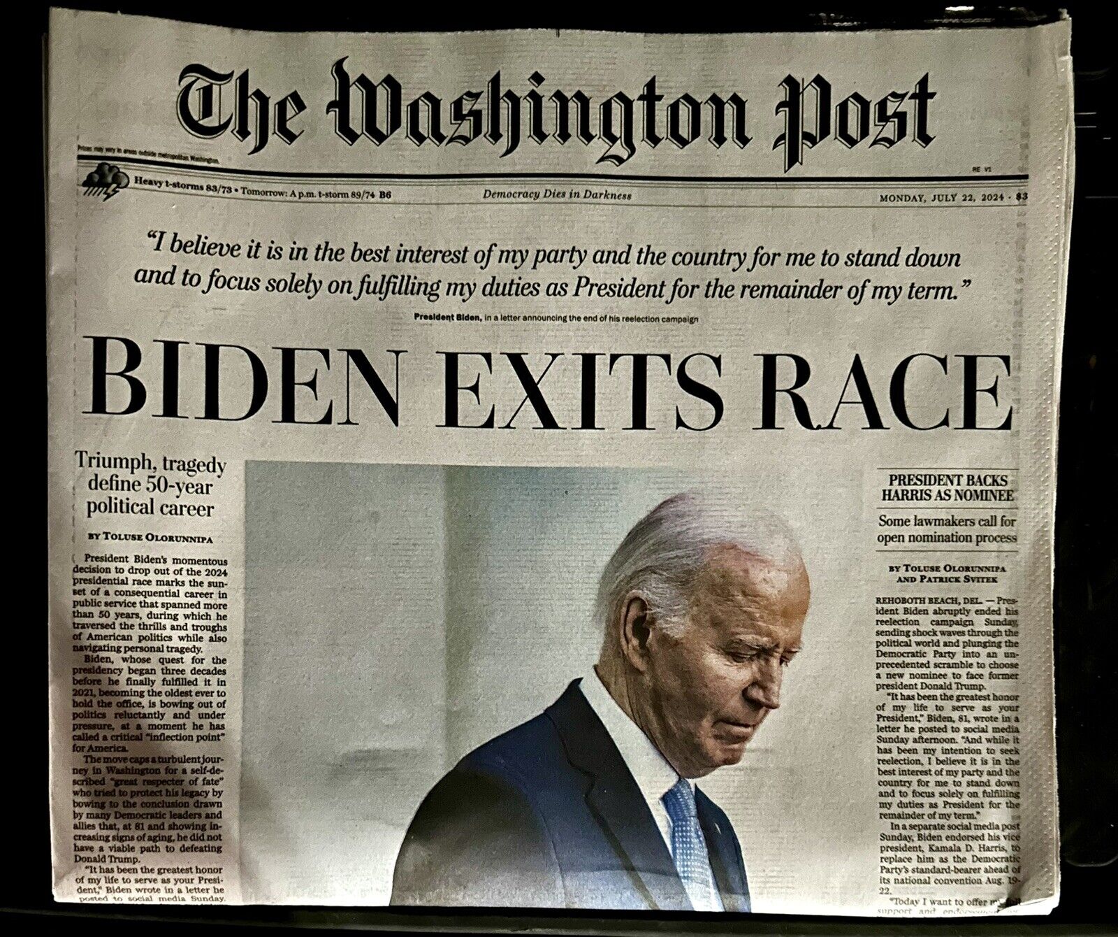 July 22, 2024 Historic Headline Washington Post - Biden Exits Race