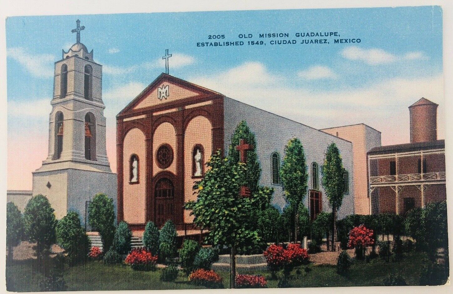 Vintage Ciudad Juarez Mexico Old Mission Guadalupe Linen Postcard