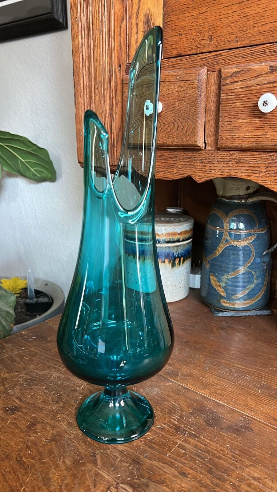 Vintage LE Smith Swung Glass Vase Blue