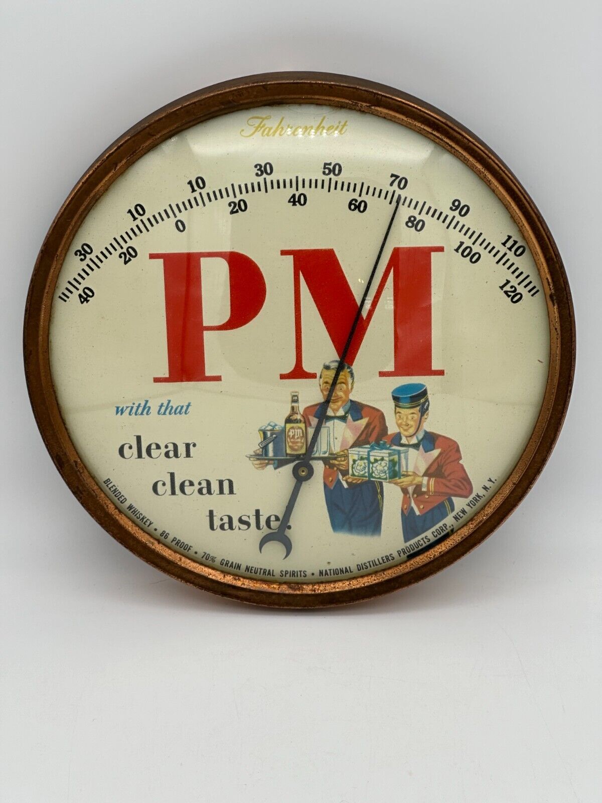 Vintage PM Whiskey Mid Century Advertising Thermometer