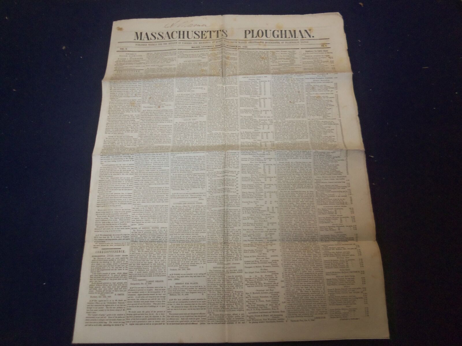 1846 OCTOBER 24 MASSACHUSETTS PLOUGHMAN NEWSPAPER - SANTA CLARA LETTER - NP 5134
