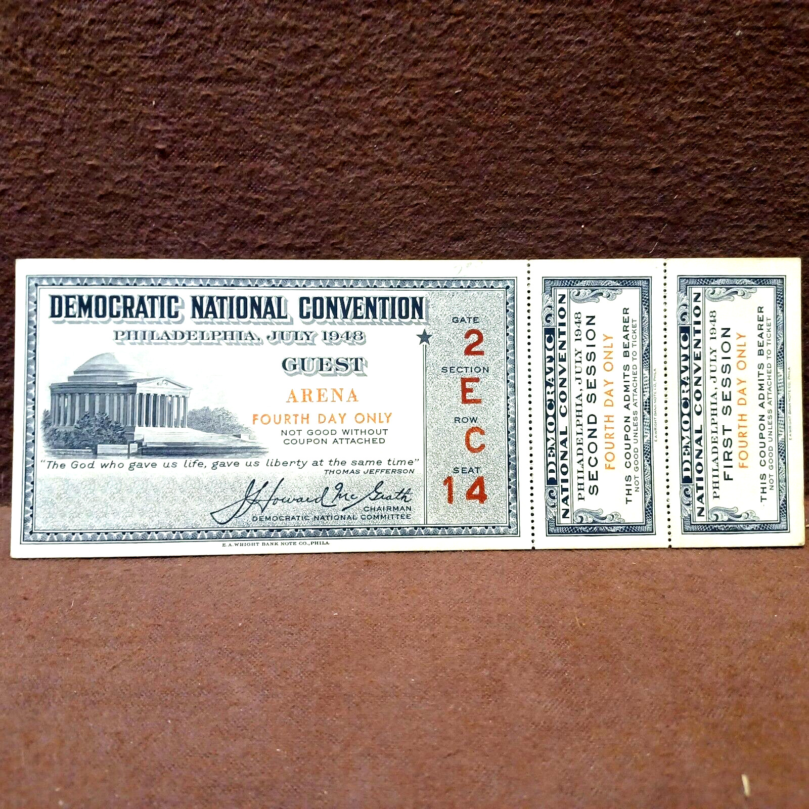 DEMOCRATIC NATIONAL CONVENTION Ticket 1948 First Second Session Coupons