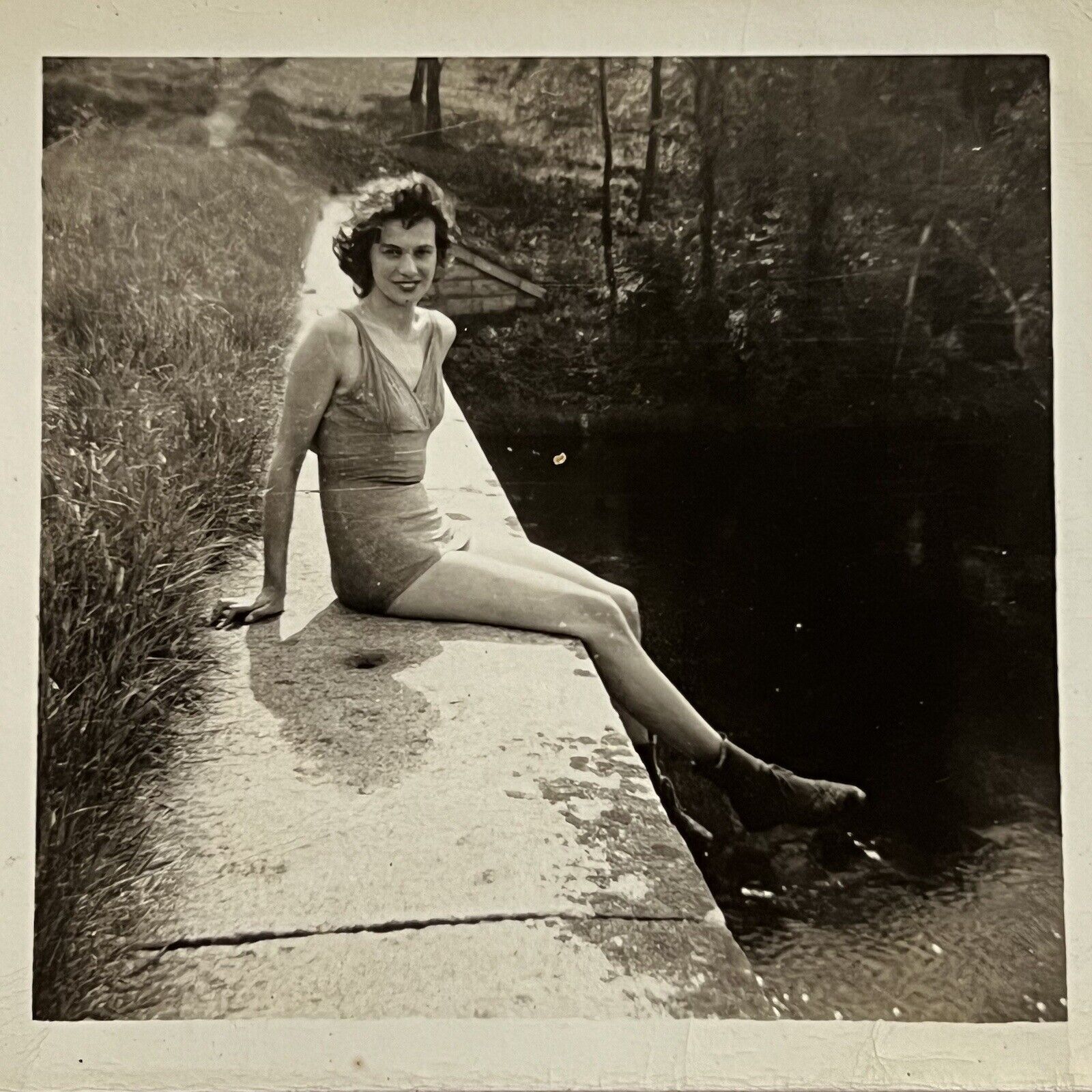 Vintage B&W Snapshot Photograph Beautiful Young Woman Bathing Suit Long Legs