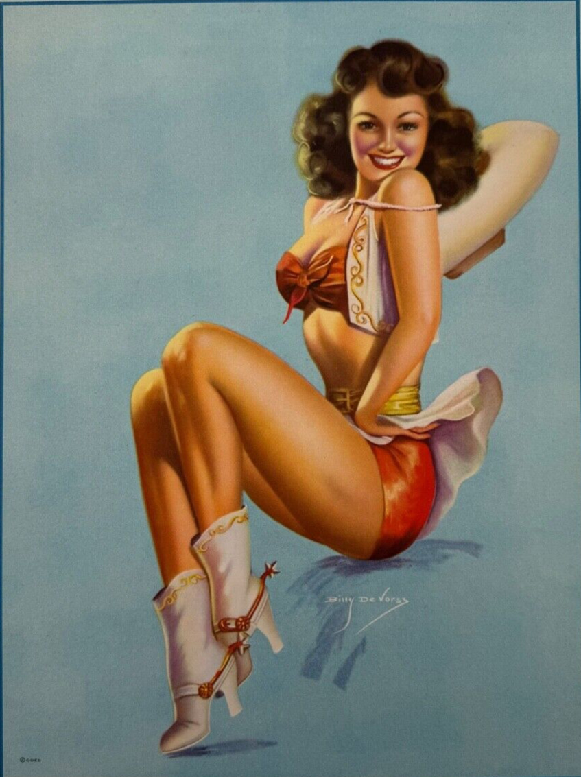 Original Vintage 1940s Billy DeVorss Sexy Brunette Cowgirl 9x12 Pin-Up Print