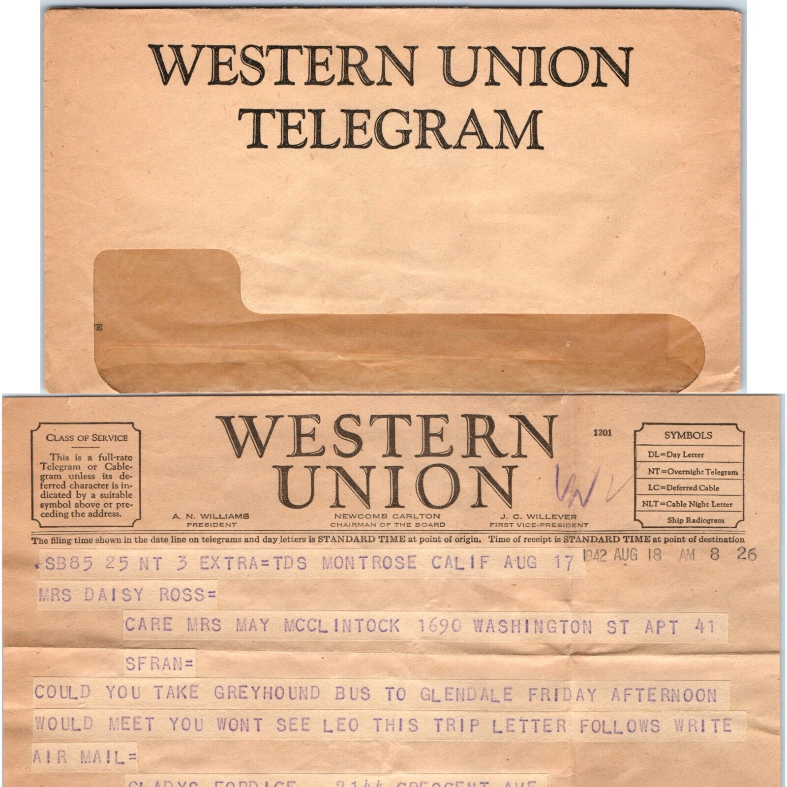1942 Montrose CA Western Union Telegram Greyhound Bus to Glendale Ticker Tape 3C