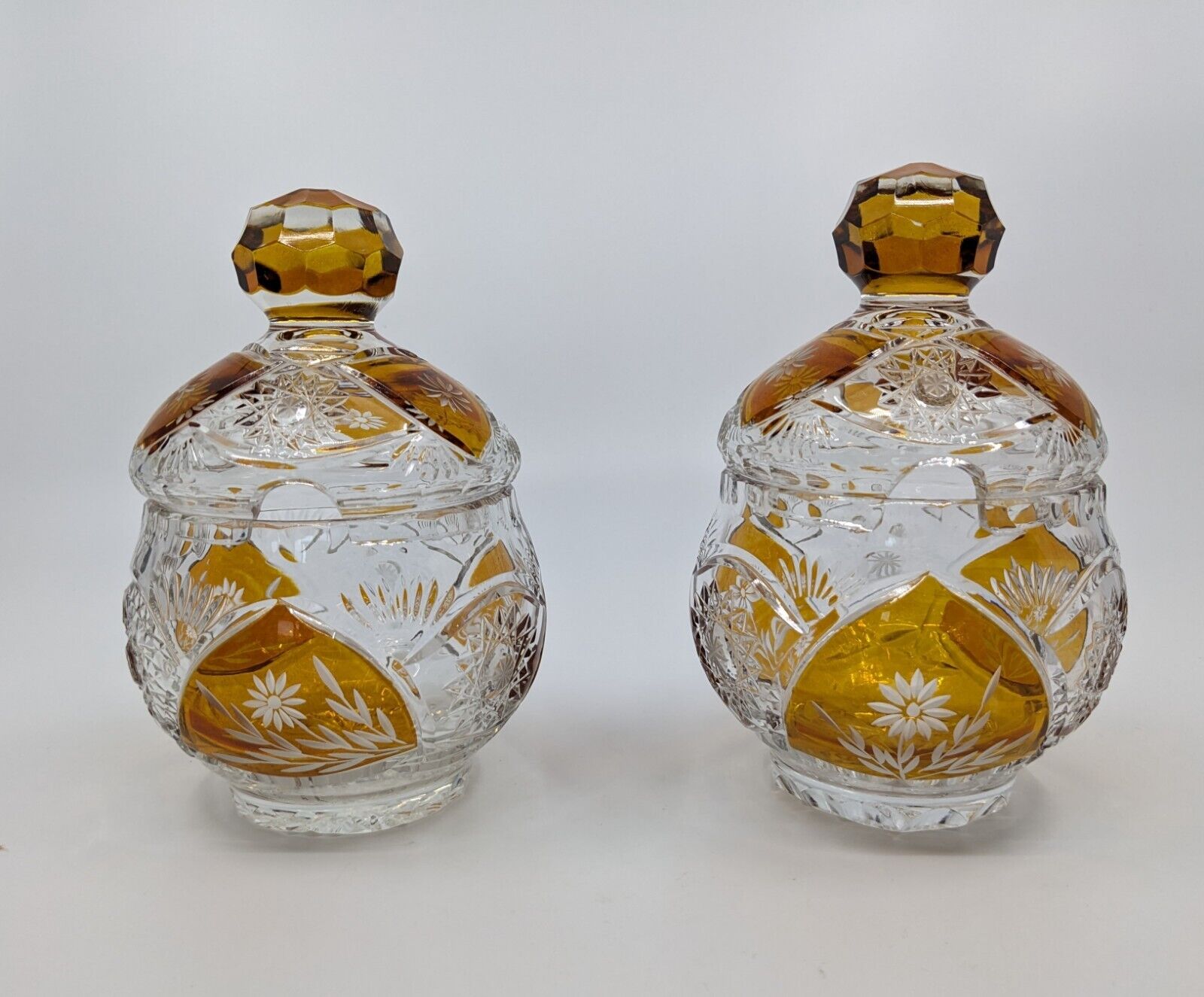 2 Vintage Tarnow Olenka Amber Crystal Polish Large Condiment Jars No Spoons