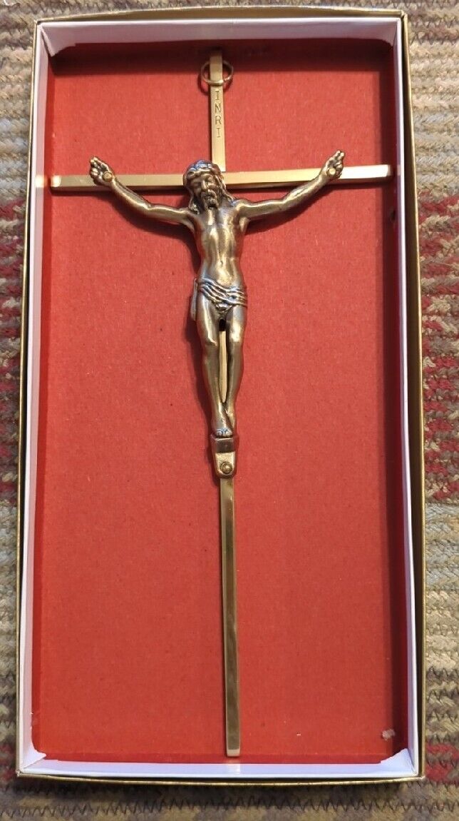 Vintage Metal Bronze Brass Crucifix Cross Christianity Religious With box