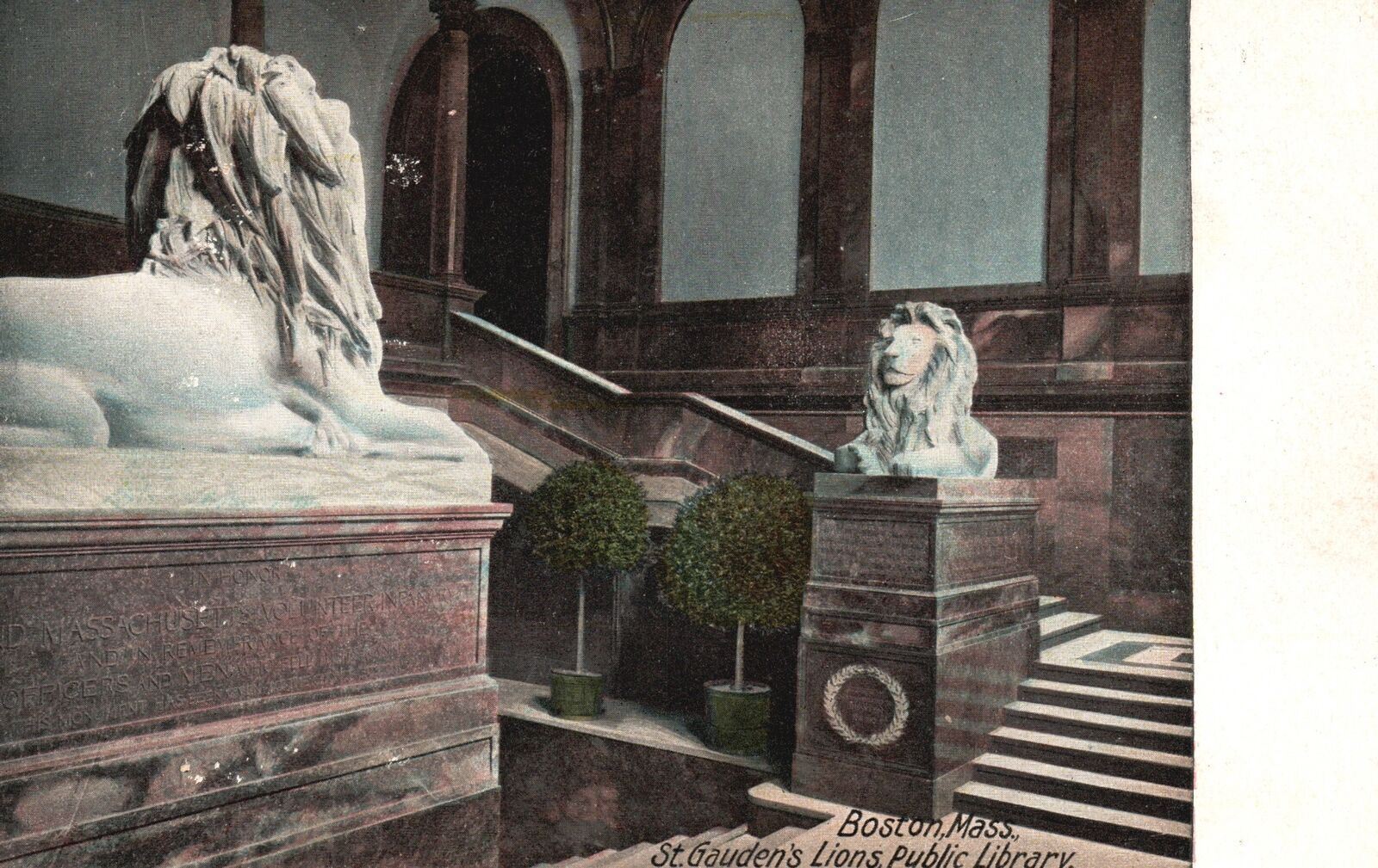 Vintage Postcard St. Gauden\'s Lions Public Library Statue Boston Massachusetts