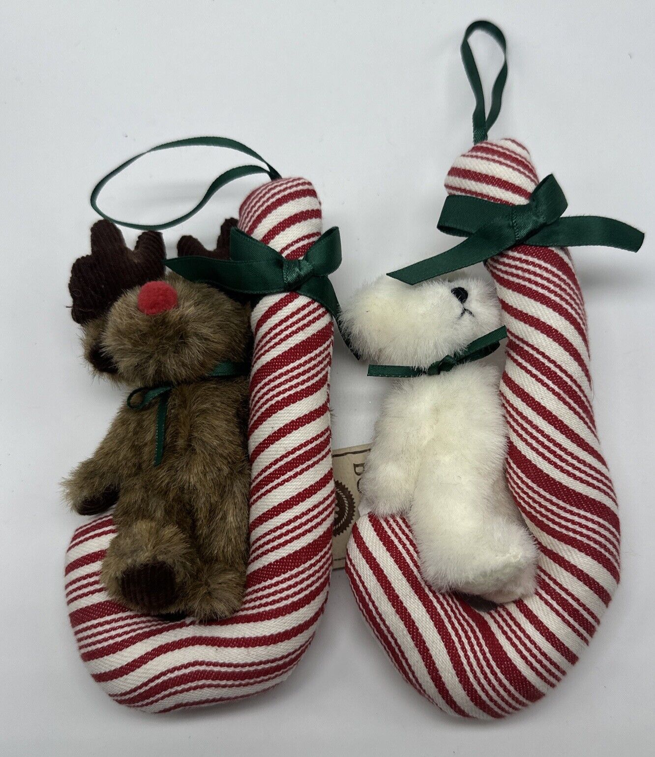 2 Boyds Bears Plush Candy Cane Christmas Ornaments~ Toot Sweet & Moof Sweet
