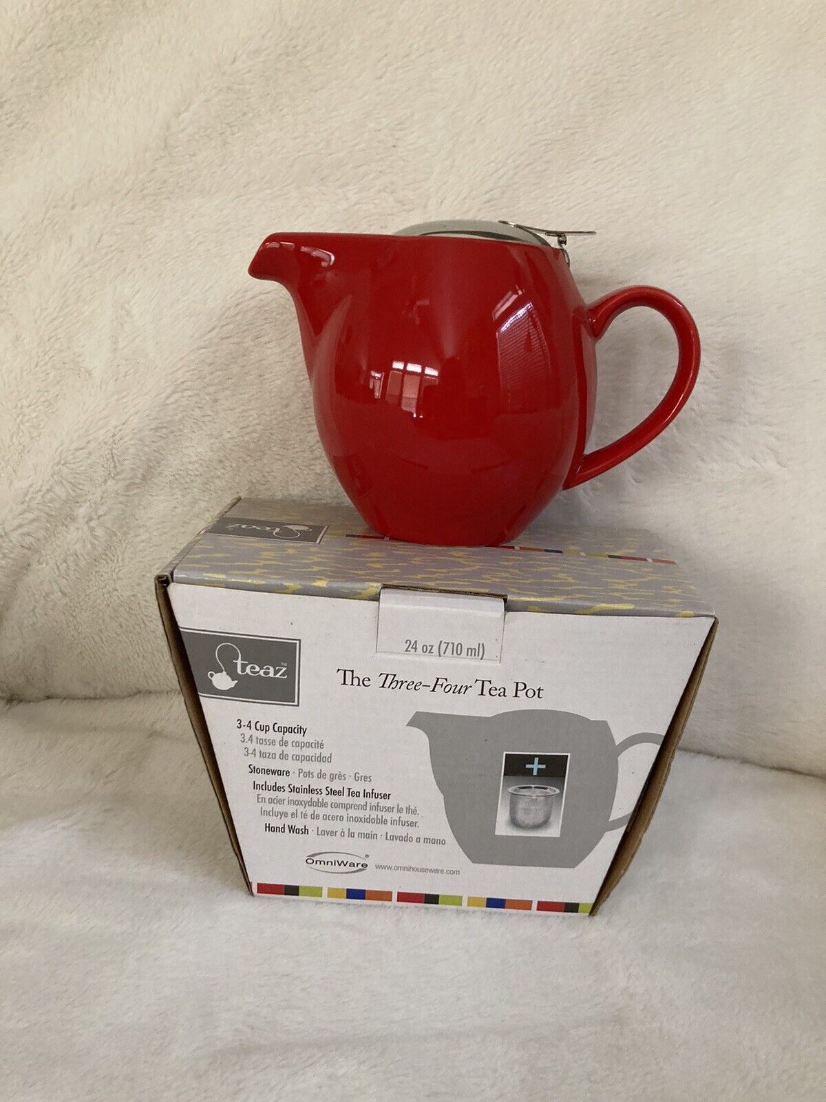 OmniWare Teaz Red Infuser Ceramic 24 Ounce Teapot with Stainless Steel New