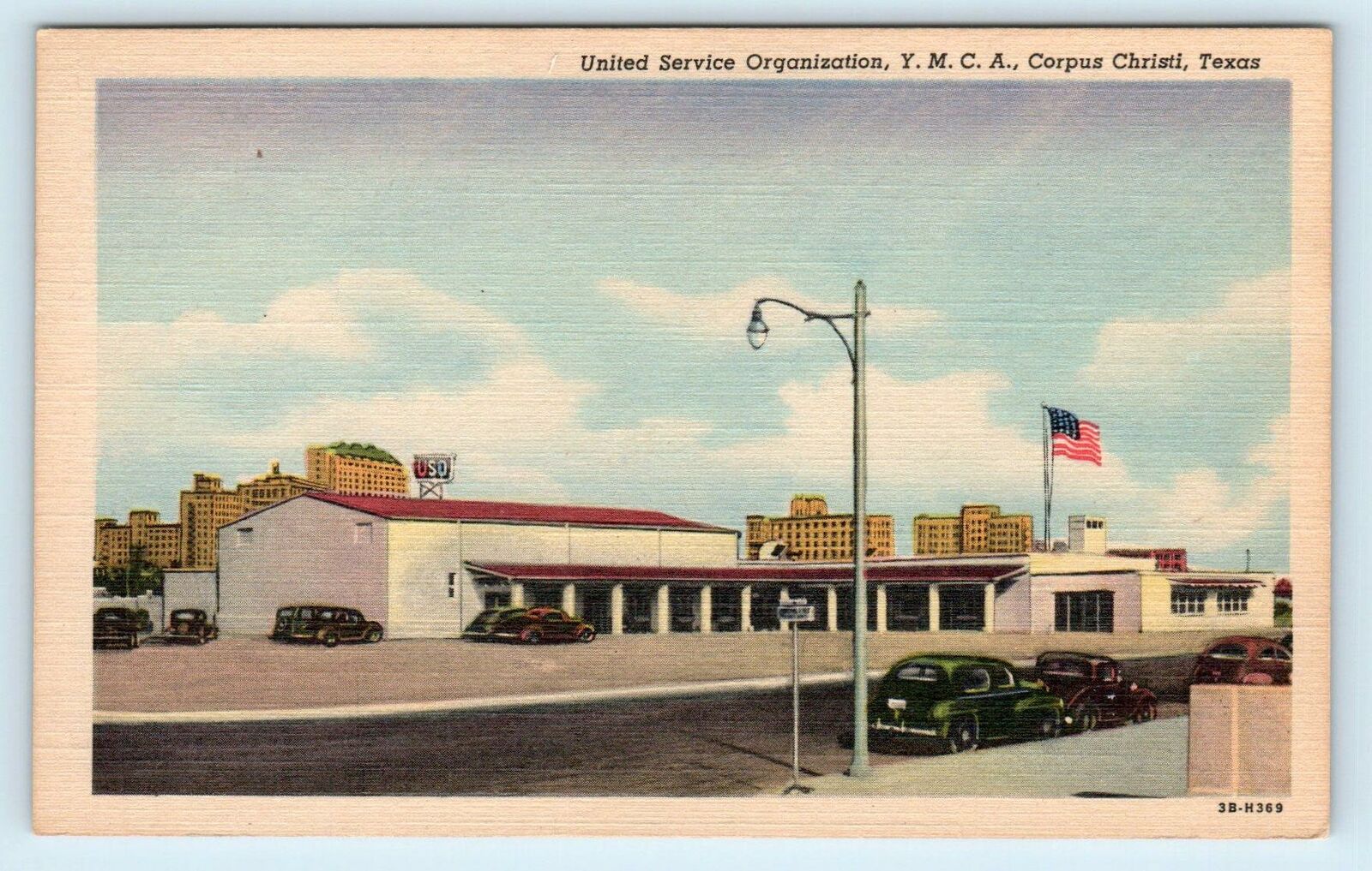 CORPUS CHRISTI, TX Texas ~ USO & YMCA Building c1930s, 40s Cars  Postcard