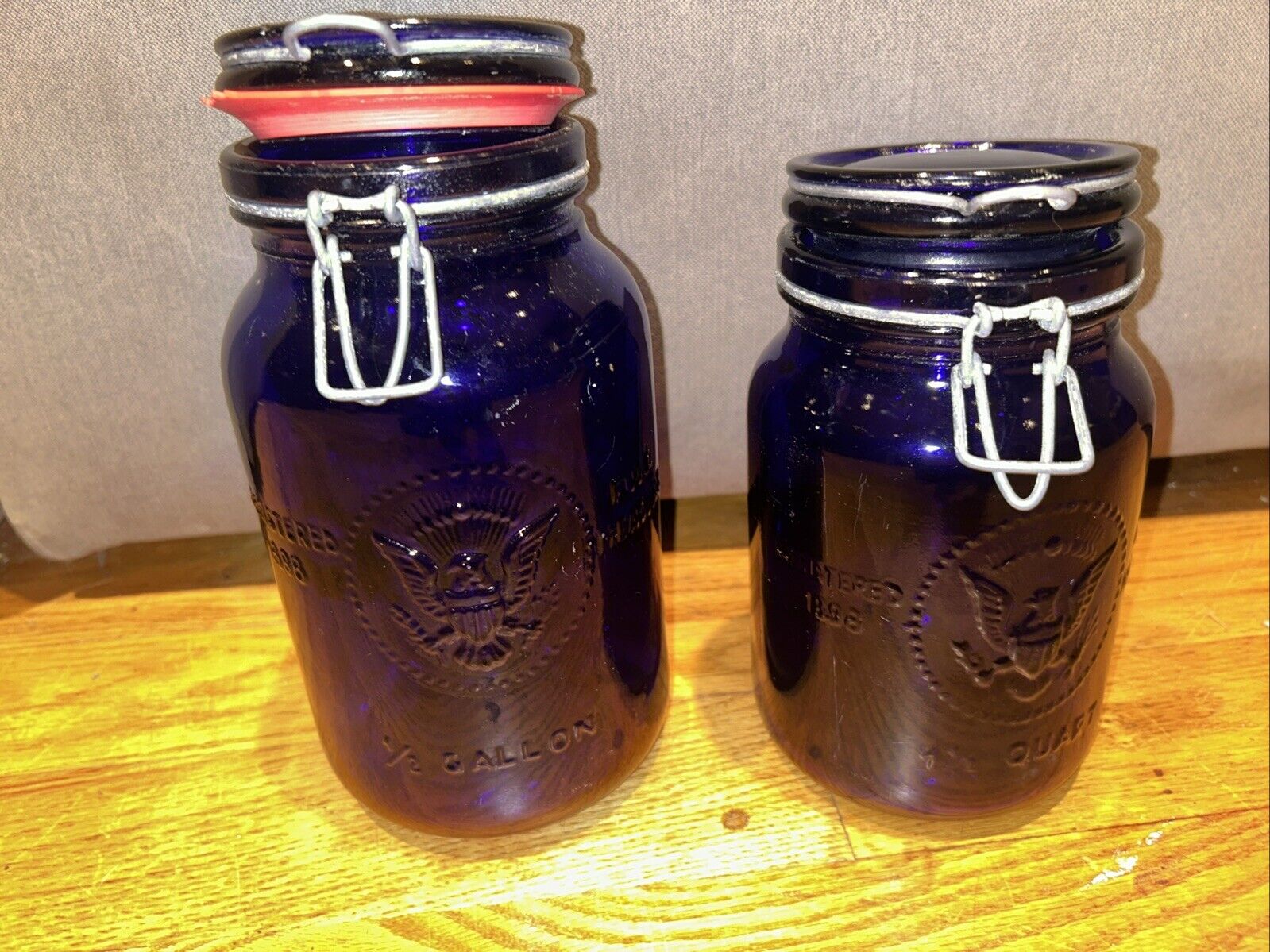 Lot Of 2 Cobalt Crownford Eagle Jars with Lid Made in Italy Blue Mixed Sizes 1/2